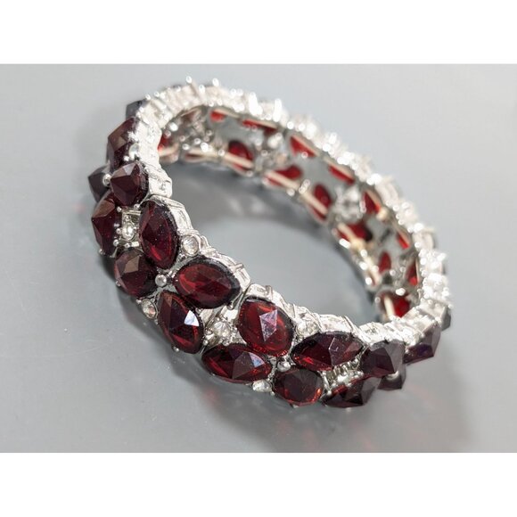 Monet Red Rhinestone Tennis Bracelet 7" Stretch Silver Tone - Picture 3 of 8